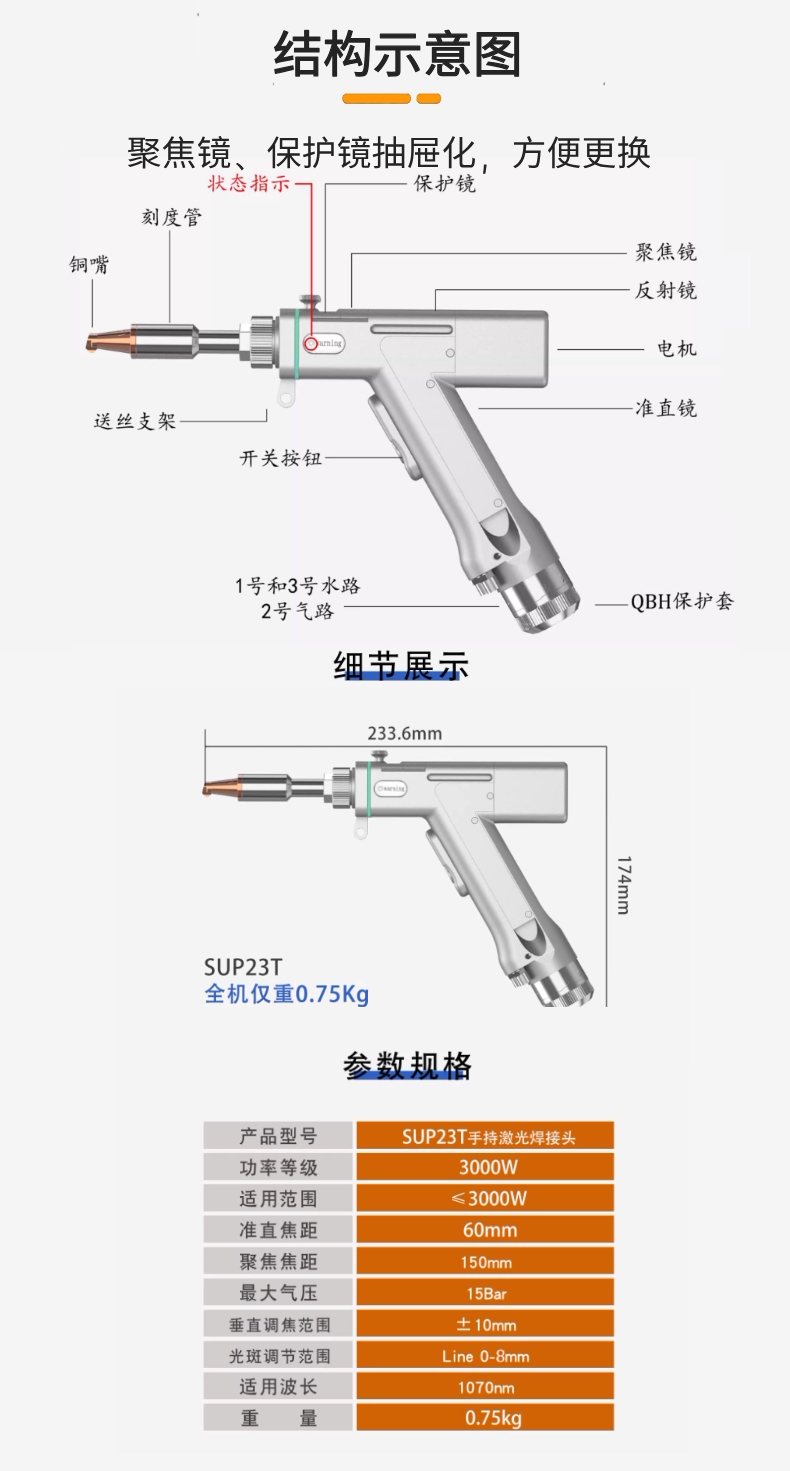 激光焊接头超强伟业手持激光焊接头手持式SUP23T