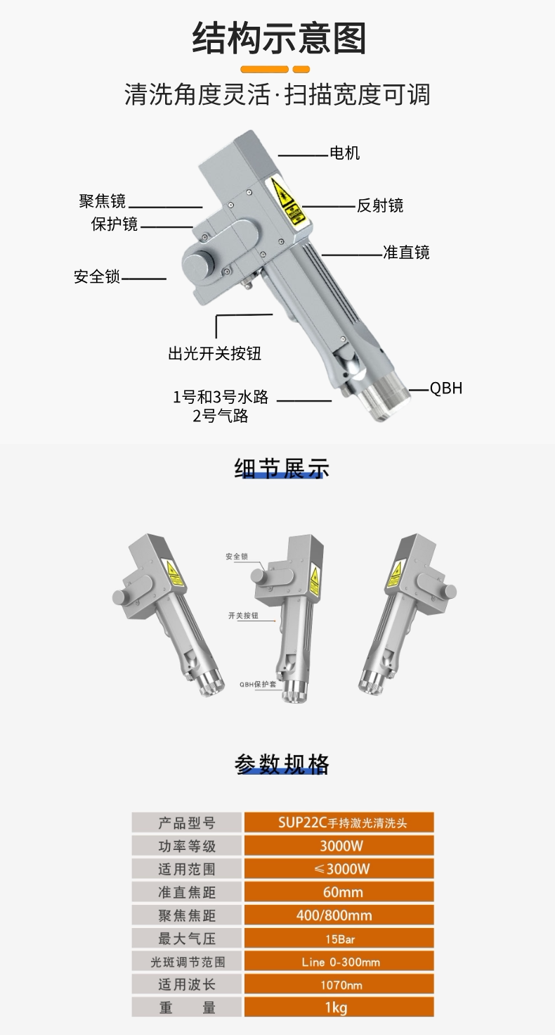 超强伟业SUP22C手持激光清洗头3000W工业级除锈除漆除油清理枪头